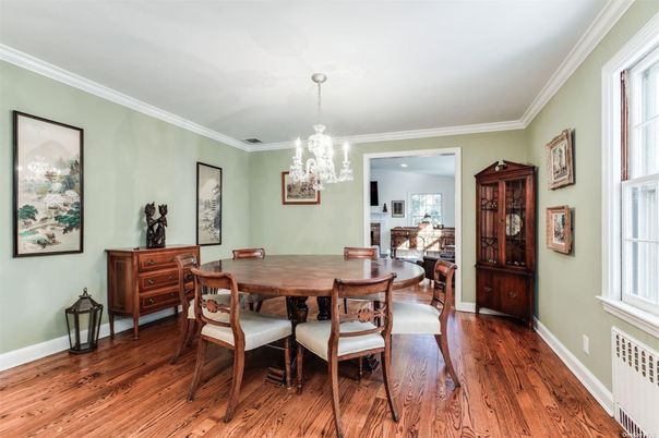 Chandelier, Dining room, Fireplace, Interior, Recessed Lighting, Wood Texture Flooring