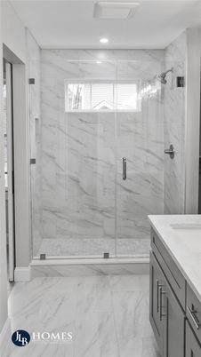 Bathroom, Glass Shower, Interior, Marble, Marble Walls, Recessed Lighting