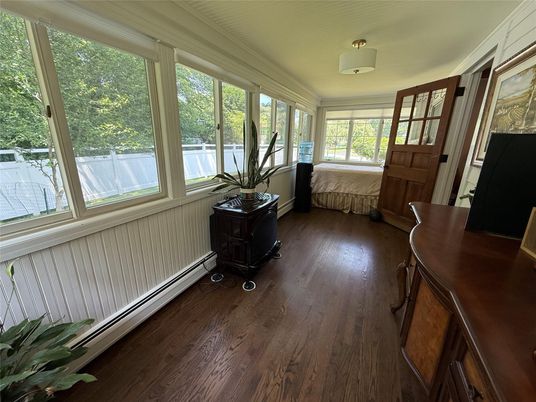 Bedroom, Interior, Sun Room, Water, Wood Texture Flooring