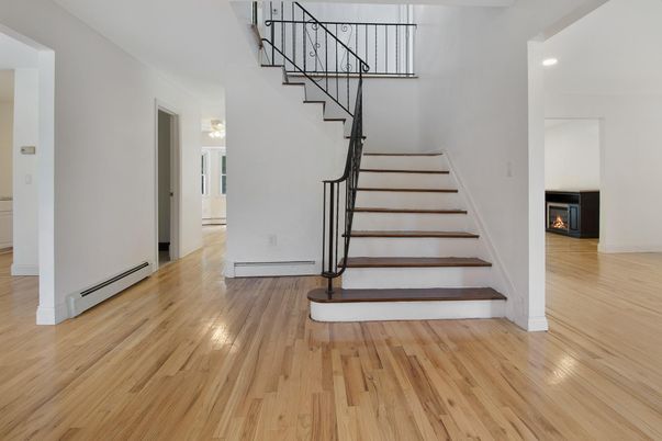 Fireplace, Interior, Recessed Lighting, Wood Texture Flooring