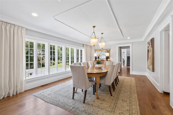 Dining room, Interior, Pendant Lights, Recessed Lighting, Wood Texture Flooring