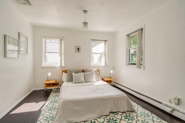 Bedroom, Interior, Pendant Lights, Wood Texture Flooring