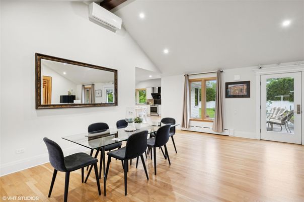 Dining room, Interior, Recessed Lighting, Wood Texture Flooring