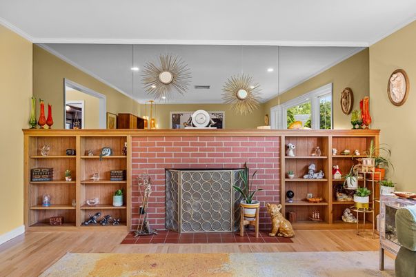 Fireplace, Interior, Pendant Lights, Recessed Lighting, Wood Texture Flooring