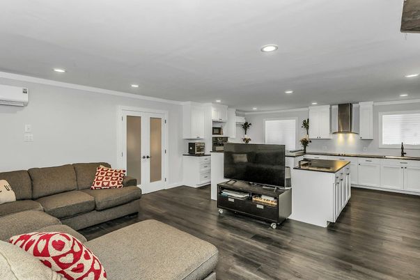 Interior, Kitchen, Living room, Recessed Lighting, Stainless Steel Appliances, Wood Texture Flooring