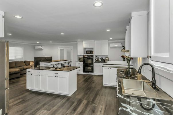 Interior, Kitchen, Living room, Recessed Lighting, Stainless Steel Appliances, Wood Texture Flooring