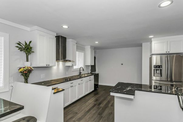 Interior, Kitchen, Recessed Lighting, Stainless Steel Appliances, Wood Texture Flooring