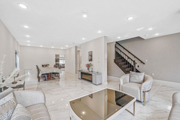 Dining room, Fireplace, Interior, Living room, Marble, Recessed Lighting
