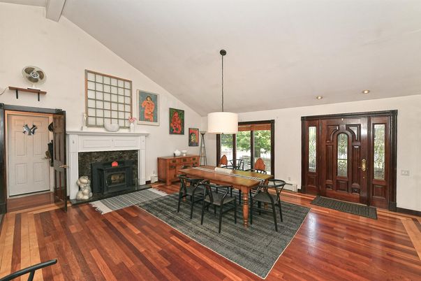 Dining room, Fireplace, Interior, Pendant Lights, Recessed Lighting, Wood Texture Flooring