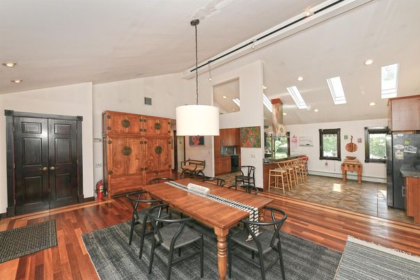 Dining room, Interior, Pendant Lights, Recessed Lighting, Wood Texture Flooring