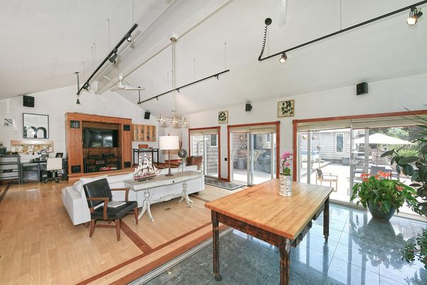 Fireplace, Interior, Living room, Pendant Lights, Wood Texture Flooring