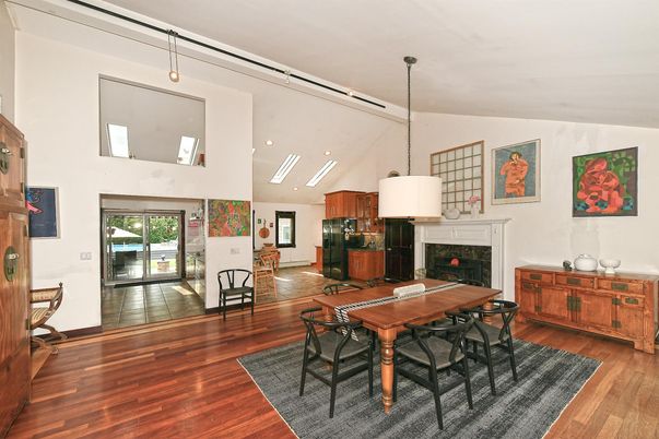 Dining room, Fireplace, Interior, Pendant Lights, Recessed Lighting, Wood Texture Flooring