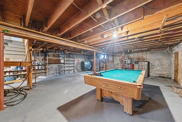 Billiard Table, Game Room, Interior, Stone Walls, Wooden Beams