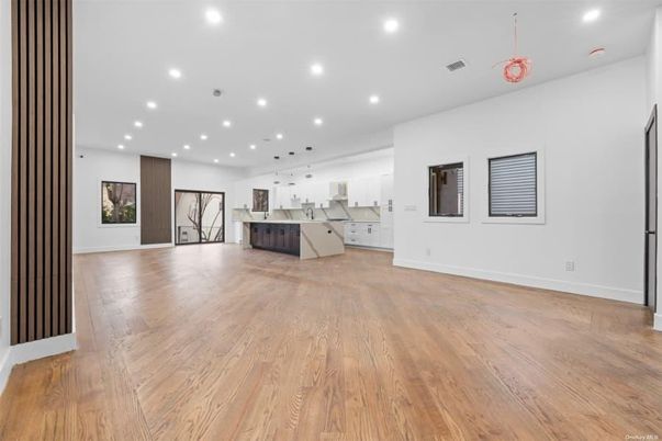Empty room, Interior, Kitchen, Pendant Lights, Recessed Lighting, Wood Texture Flooring