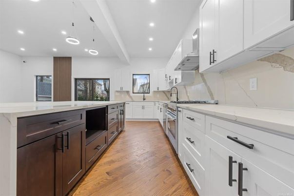 Interior, Kitchen, Pendant Lights, Recessed Lighting, Stainless Steel Appliances, Wood Texture Flooring
