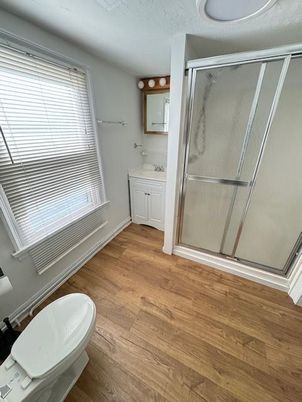 Bathroom, Glass Shower, Interior, Wood Texture Flooring