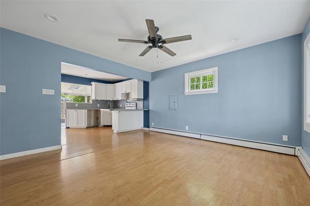 Empty room, Interior, Kitchen, Recessed Lighting, Wood Texture Flooring