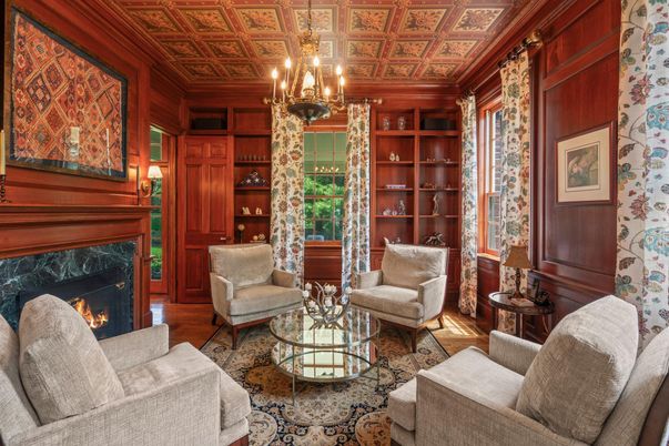 Chandelier, Fireplace, Interior, Living room, Wood Texture Flooring, Wooden Walls