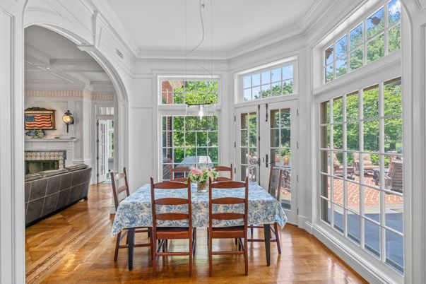 Dining room, Fireplace, Interior, Pendant Lights, Wood Texture Flooring