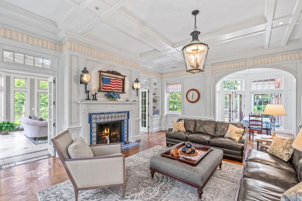 Fireplace, Interior, Living room, Pendant Lights, Wood Texture Flooring
