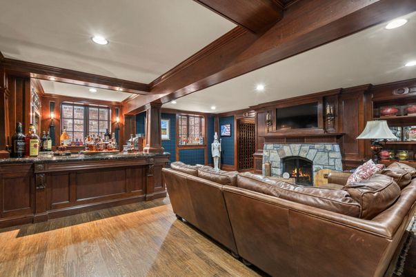 Fireplace, Interior, Living room, Recessed Lighting, Wooden Beams, Wood Texture Flooring, Wooden Walls