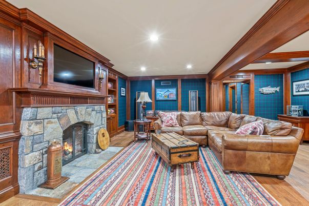 Fireplace, Interior, Living room, Recessed Lighting, Wood Texture Flooring, Wooden Walls