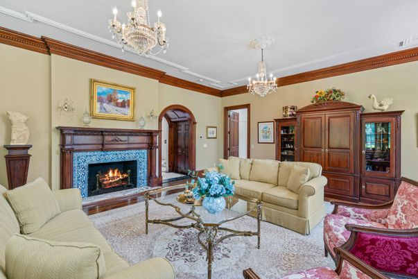 Chandelier, Fireplace, Interior, Living room