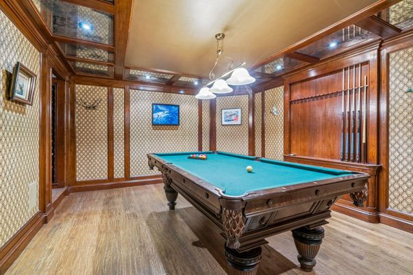 Billiard Table, Chandelier, Game Room, Interior, Pendant Lights, Recessed Lighting, Wood Texture Flooring, Wooden Walls