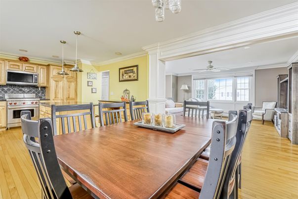 Dining room, Interior, Kitchen, Living room, Pendant Lights, Wood Texture Flooring