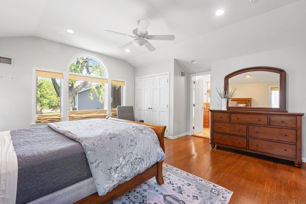 Bedroom, Interior, Recessed Lighting, Wood Texture Flooring