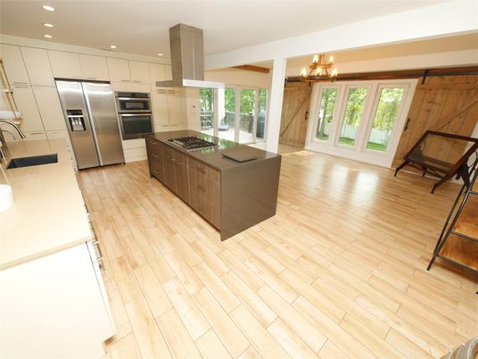 Chandelier, Interior, Kitchen, Recessed Lighting, Stainless Steel Appliances, Wood Texture Flooring