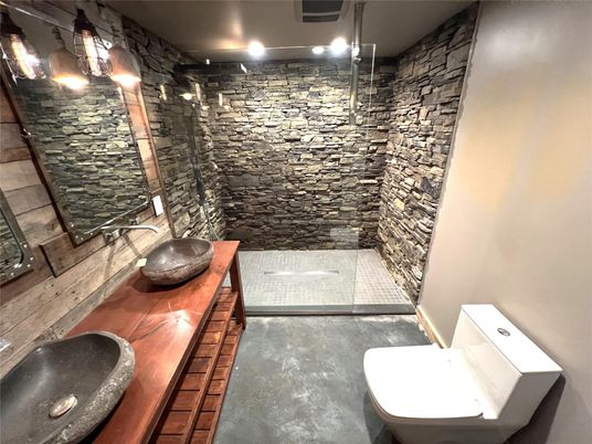 Bathroom, Interior, Recessed Lighting, Stone Walls