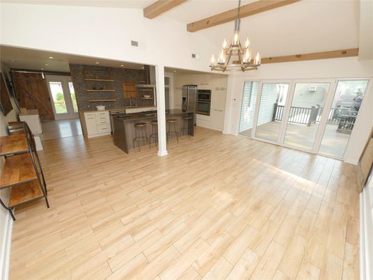 Chandelier, Empty room, Interior, Kitchen, Recessed Lighting, Stone Walls, Wooden Beams, Wood Texture Flooring