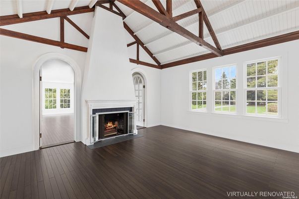 Empty room, Fireplace, Interior, Wooden Beams, Wood Texture Flooring