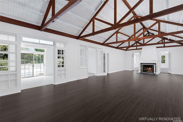 Empty room, Fireplace, Interior, Wooden Beams, Wood Texture Flooring