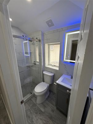Bathroom, Glass Shower, Interior, Marble Walls, Recessed Lighting