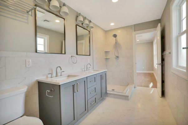 Bathroom, Dual Sink Vanities, Interior, Marble, Marble Walls, Recessed Lighting
