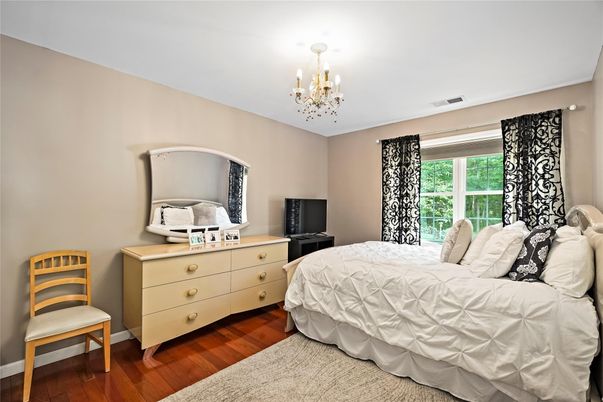 Bedroom, Chandelier, Interior, Wood Texture Flooring