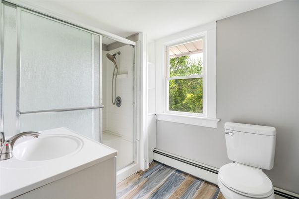 Bathroom, Glass Shower, Interior, Wood Texture Flooring