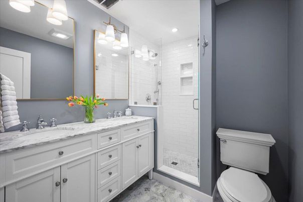 Bathroom, Dual Sink Vanities, Glass Shower, Interior, Marble, Recessed Lighting