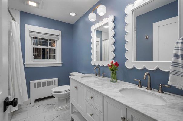 Bathroom, Dual Sink Vanities, Interior, Marble, Recessed Lighting