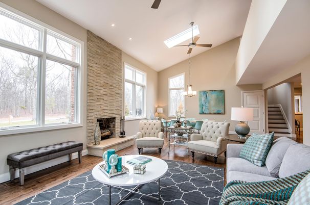 Dining room, Fireplace, Interior, Living room, Pendant Lights, Recessed Lighting, Stone Walls, Wood Texture Flooring