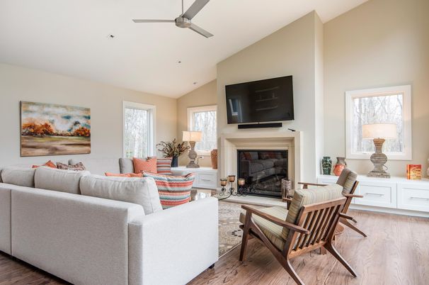 Fireplace, Interior, Living room, Recessed Lighting, Wood Texture Flooring