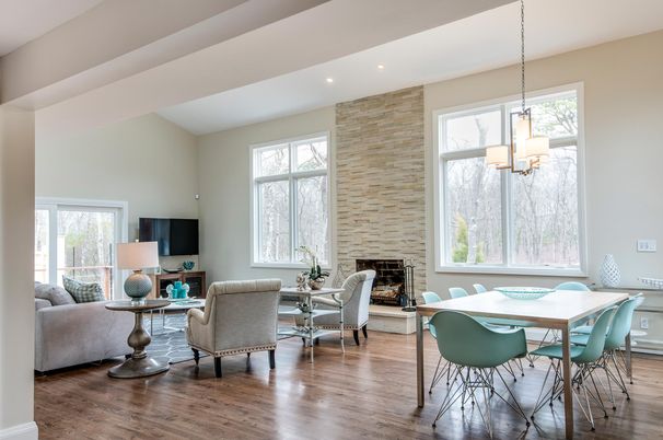 Dining room, Fireplace, Interior, Living room, Pendant Lights, Recessed Lighting, Stone Walls, Wood Texture Flooring