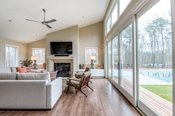 Fireplace, Interior, Living room, Recessed Lighting, Wood Texture Flooring