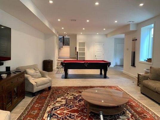 Billiard Table, Game Room, Interior, Recessed Lighting, Wood Texture Flooring