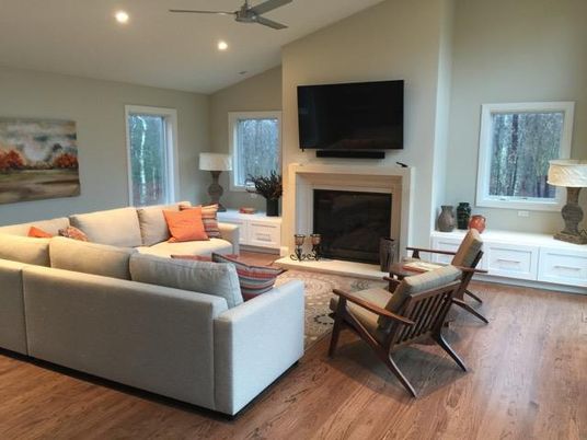 Fireplace, Interior, Living room, Recessed Lighting, Wood Texture Flooring