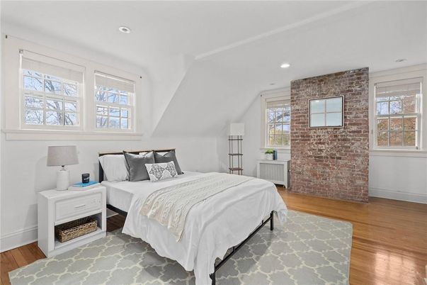 Bedroom, Interior, Recessed Lighting, Stone Walls, Wood Texture Flooring