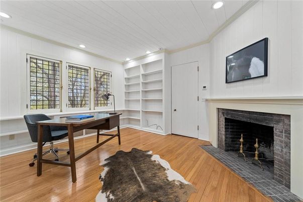 Fireplace, Game Room, Home Office, Interior, Recessed Lighting, Wood Texture Flooring