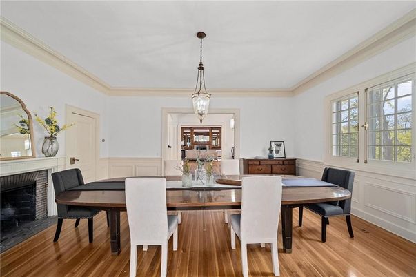 Dining room, Fireplace, Interior, Pendant Lights, Wood Texture Flooring